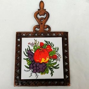 Vintage ceramic tile in metsl holder kitchen trivet/wall decor